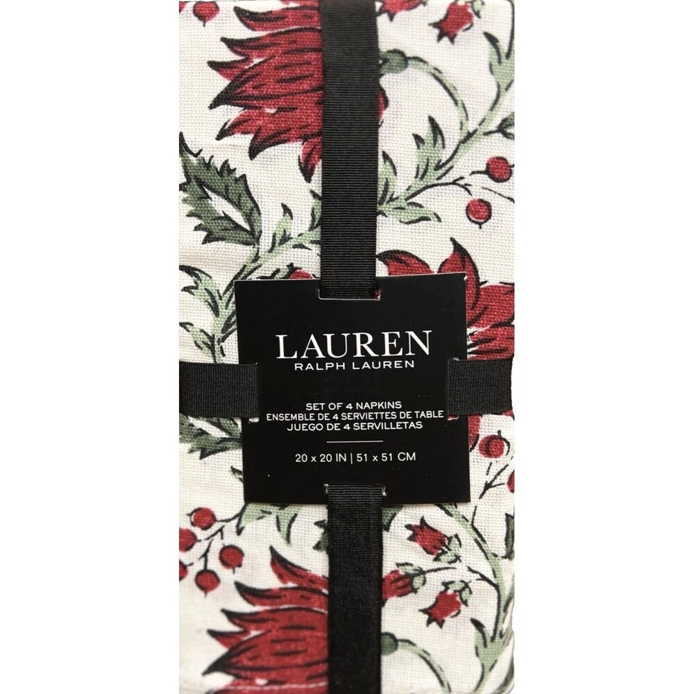 Ralph Lauren Christmas Poinsettia Napkins Fabric Holiday White Red Green Set of4